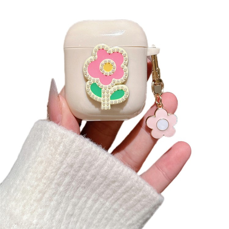 For AirPods with Charging Case (2016) / (2019) / AirPods with Wireless Charging Case (2019) TPU Cover with Pendant Earphone Case - Pink Green Flower