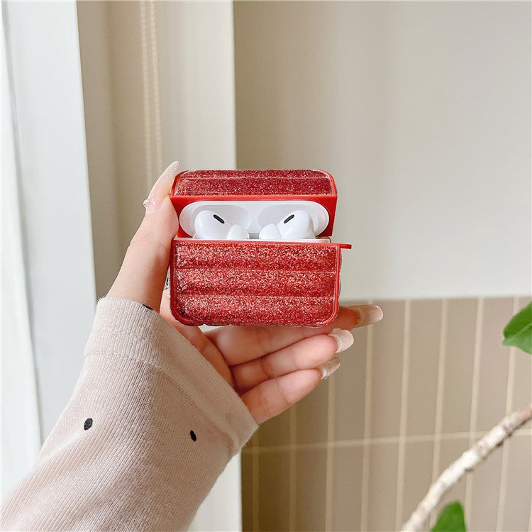 For AirPods Pro 2 / Pro Portable Cover Glitter Down Jacket Design Leather+TPU Earphone Case - Red