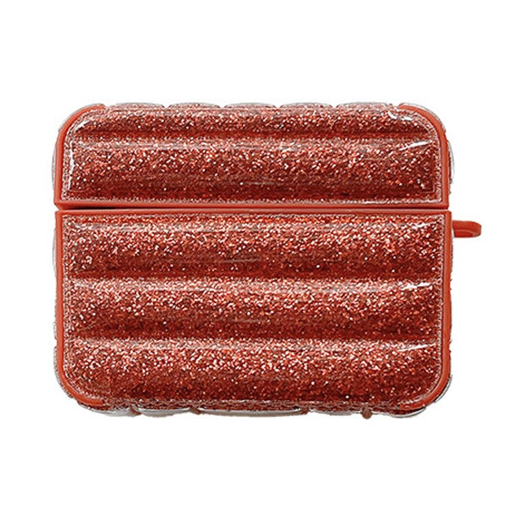 For Apple AirPods 3 Glitter Case Down Jacket Design Leather+TPU Earphone Cover with Anti-Lost Buckle - Red