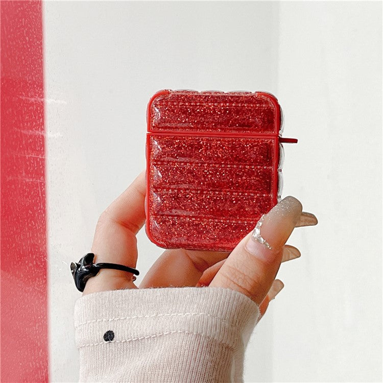 For Apple AirPods 3 Glitter Case Down Jacket Design Leather+TPU Earphone Cover with Anti-Lost Buckle - Red