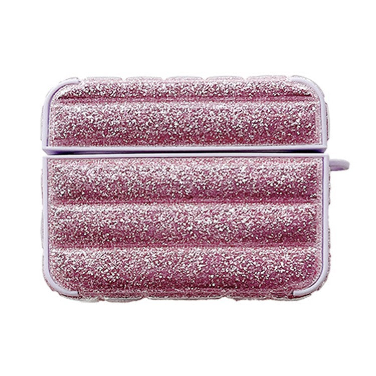 For Apple AirPods 3 Glitter Case Down Jacket Design Leather+TPU Earphone Cover with Anti-Lost Buckle - Purple