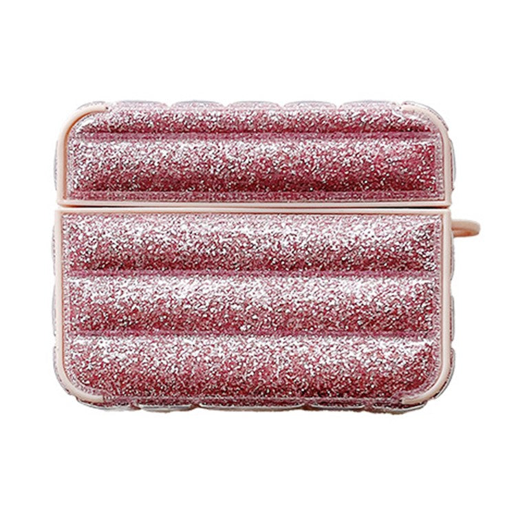 For Apple AirPods 3 Glitter Case Down Jacket Design Leather+TPU Earphone Cover with Anti-Lost Buckle - Pink