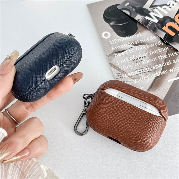 For Apple AirPods 3 Cross Texture Bluetooth Earphone Cover PU Leather Protective Case - Dark Brown