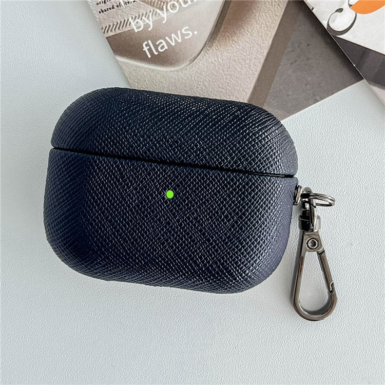 For Apple AirPods 3 Cross Texture Bluetooth Earphone Cover PU Leather Protective Case - Dark Blue