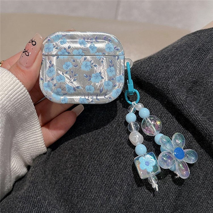 For AirPods Pro 2 / Pro Drop Protection TPU Cover Blue Flower Pattern TWS Earphone Case with Pendant