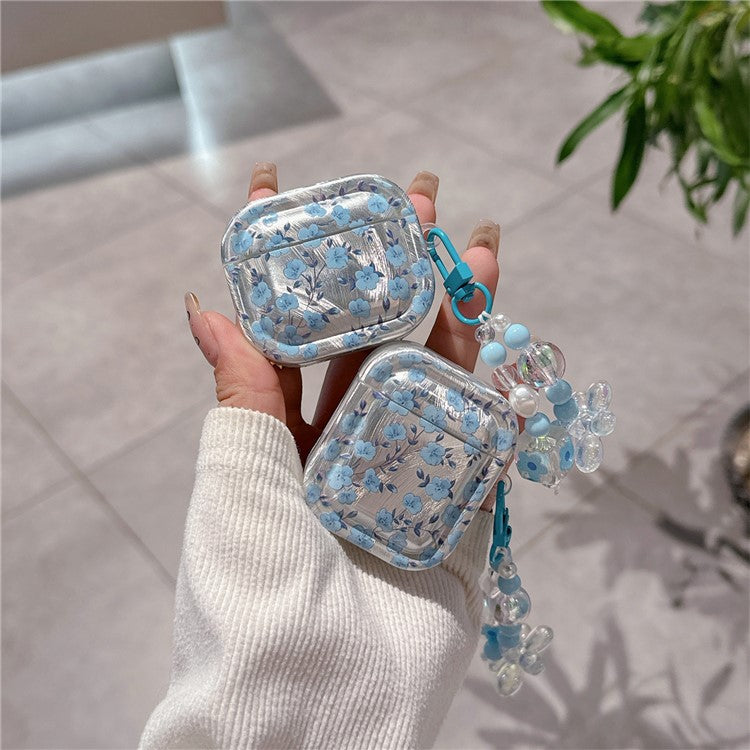 For AirPods Pro 2 / Pro Drop Protection TPU Cover Blue Flower Pattern TWS Earphone Case with Pendant