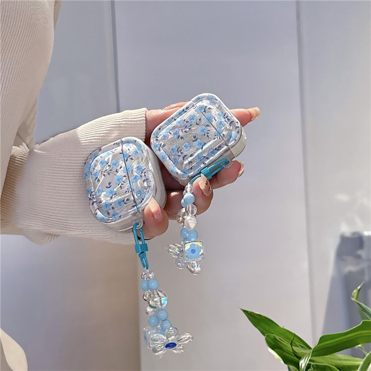 For AirPods Pro 2 / Pro Drop Protection TPU Cover Blue Flower Pattern TWS Earphone Case with Pendant