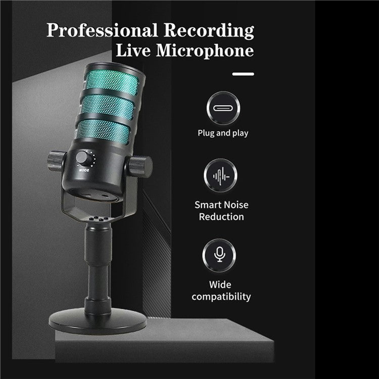 PDO Noise Reduction Microphone with RGB Light for Live Streaming / Gaming / Karaoke Desktop Mic