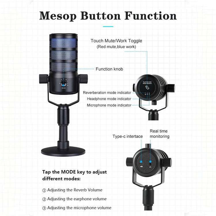 PDO Noise Reduction Microphone with RGB Light for Live Streaming / Gaming / Karaoke Desktop Mic