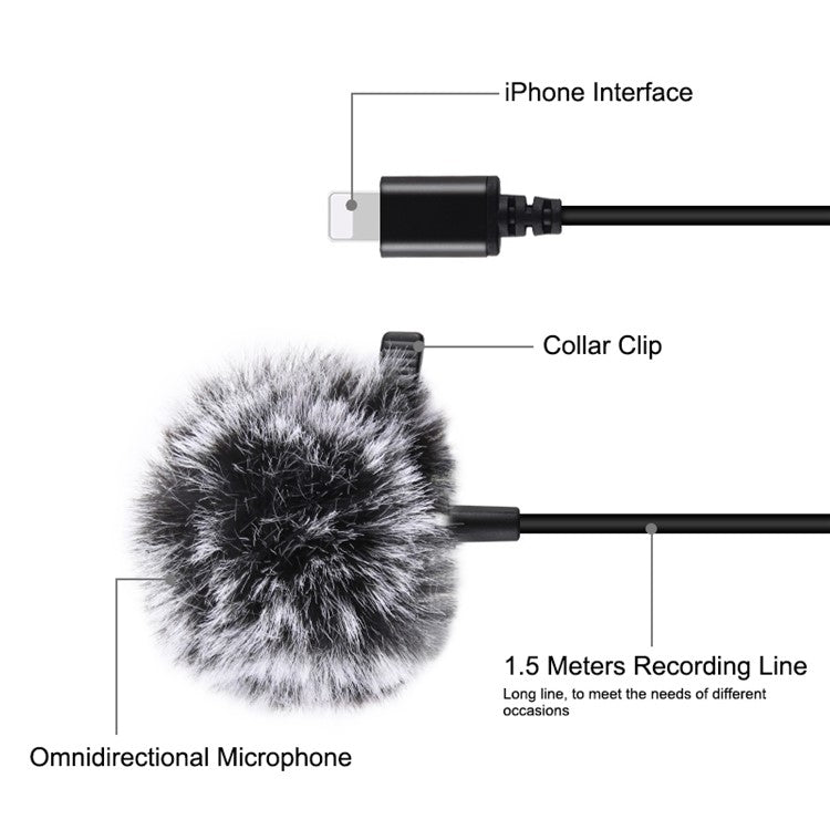 PULUZ PU426 1.5m 8 Pin Lavalier Microphone Lapel Clip-On Omni Condenser Mic for Phone Video Recording