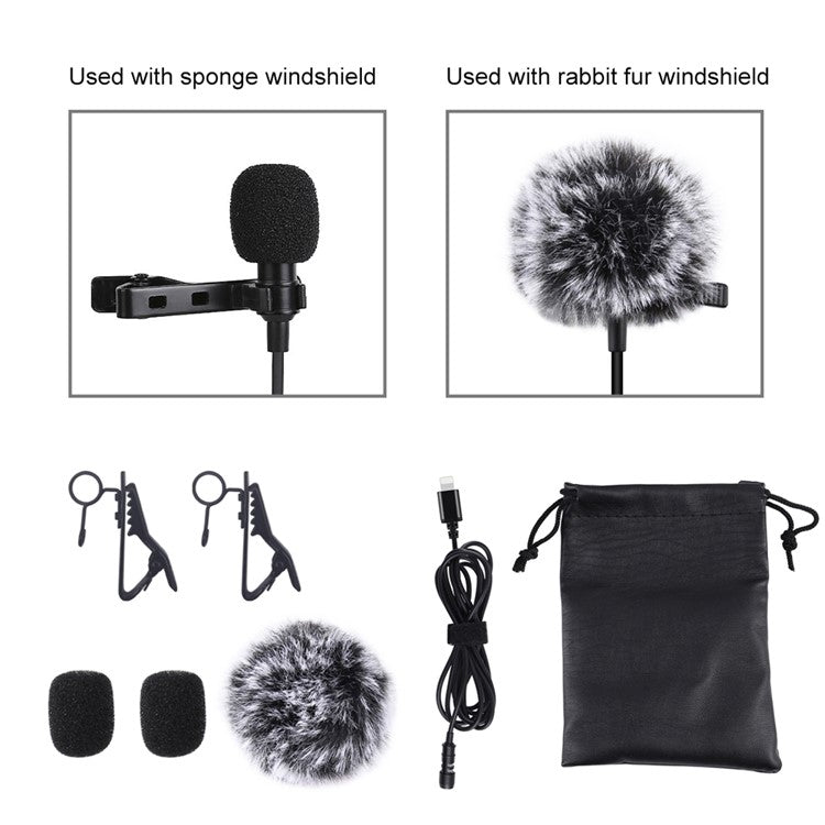 PULUZ PU426 1.5m 8 Pin Lavalier Microphone Lapel Clip-On Omni Condenser Mic for Phone Video Recording