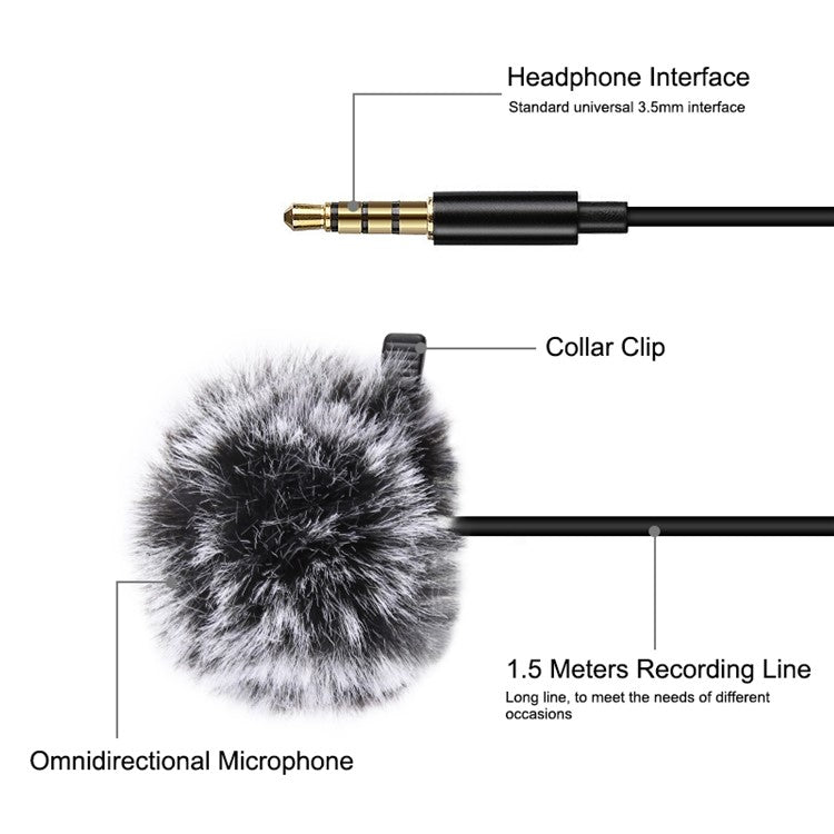 PULUZ PU424 1.5m 3.5mm Lavalier Microphone Clip-On Omnidirectional Condenser Mic for Phone K Song, Recording