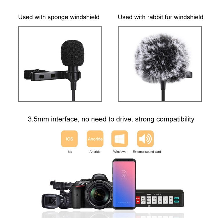 PULUZ PU424 1.5m 3.5mm Lavalier Microphone Clip-On Omnidirectional Condenser Mic for Phone K Song, Recording