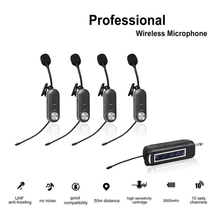 PRO-4C Wireless Lavalier Microphone Outdoor Portable 1 to 4 UHF Microphone Set with Receiver