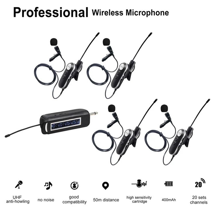 PRO-4CII Wireless Lavalier Microphone Set with Receiver 1 to 4 UHF FM Portable Condenser Microphone