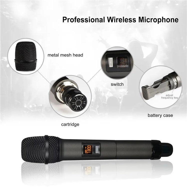 W-14 Moving Coil Microphone U-Band FM Wireless Mic with Receiver Home Karaoke Microphone - Grey