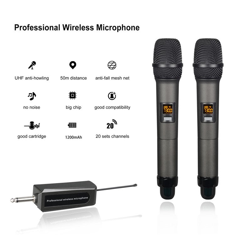 W-15 Professional Dual Dynamic Mic Handheld UHF Wireless Microphone System for Home KTV - Black