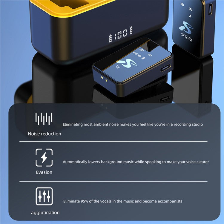 SX12 Wireless Lavalier Clip-On Microphone (1 Receiver+2 Microphones+1 Charging Bin)