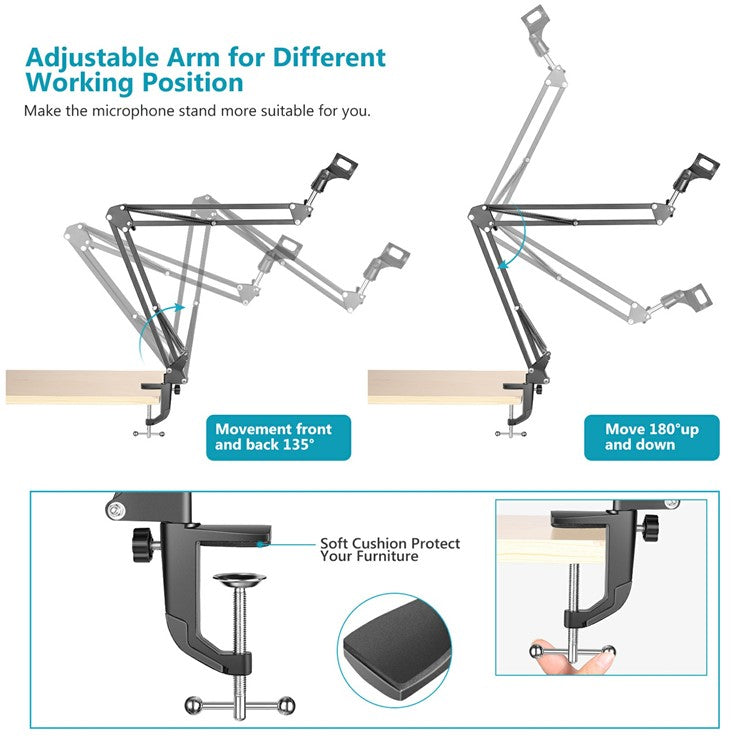 NEEWER Recording Microphone Extendable Stand Shockproof Microphone Clip Scissor Arm Table Mount Clamp - White