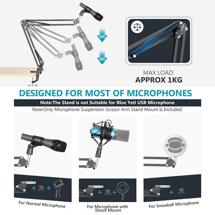 NEEWER Recording Microphone Extendable Stand Shockproof Microphone Clip Scissor Arm Table Mount Clamp - White