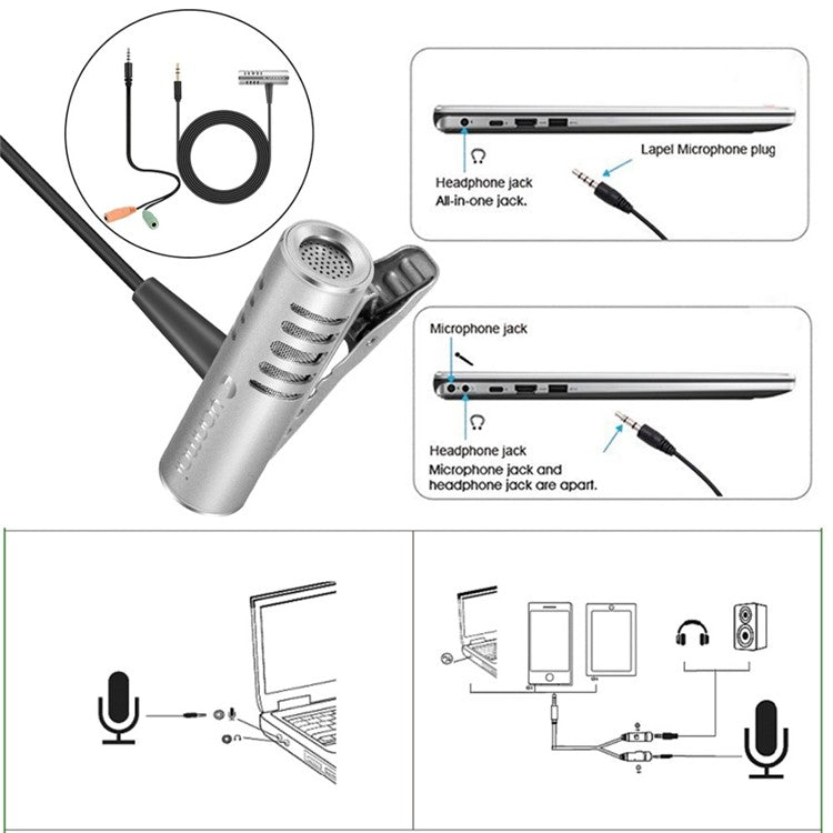 YANMAI R933 Professional Clip-on Lapel Mic Lavalier Omni-directional Double Condenser Microphone Silver