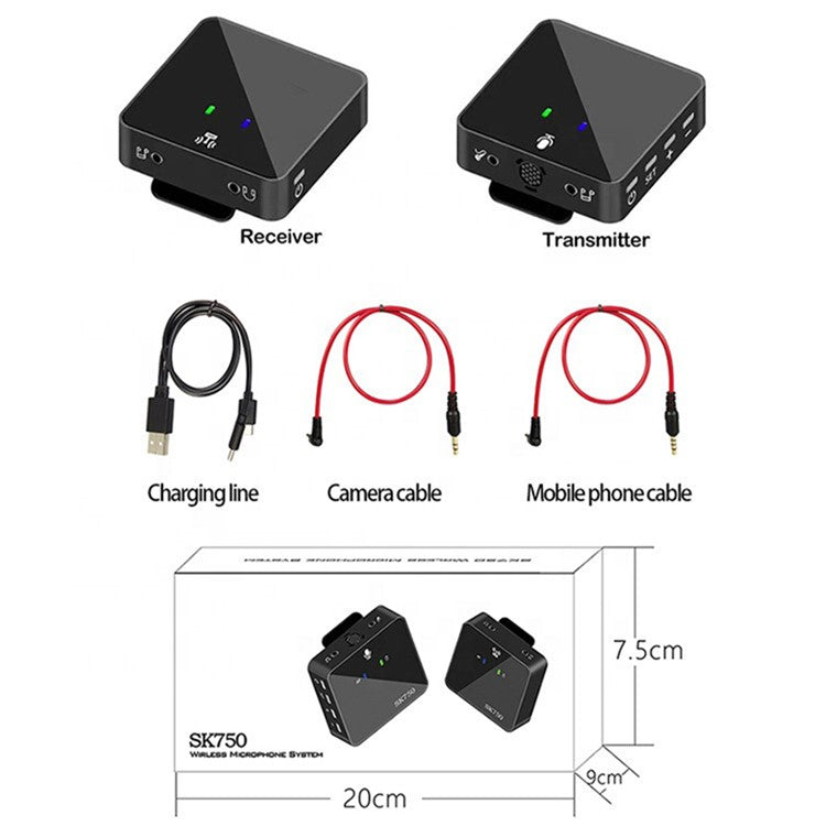 SK750 Wireless Lavalier Microphone Set Multi-function UHF Transmitter Receiver Mic System Compatible with Smartphone Laptop DSLR for Outdoor Interview Live-stream Recording