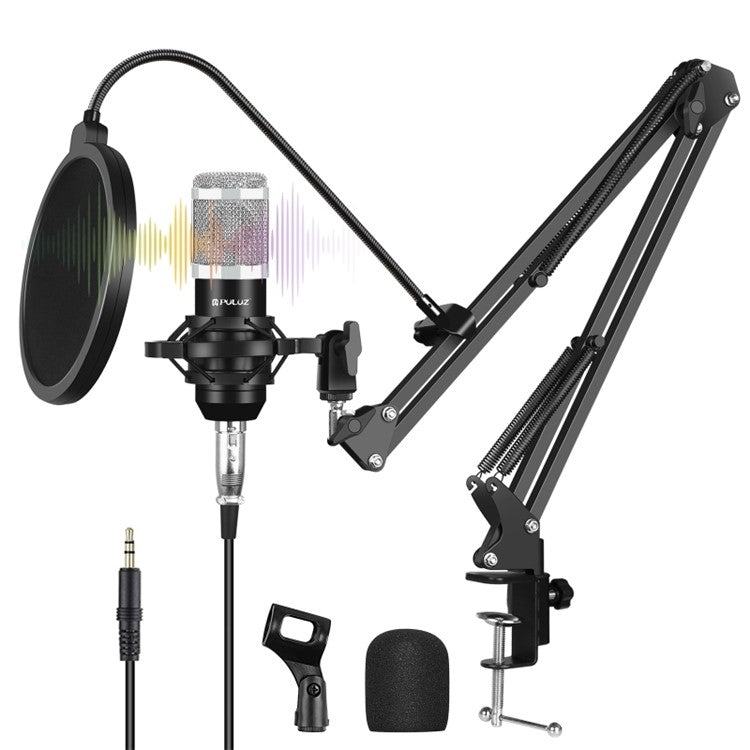 PULUZ Podcast Microphone USB Sound Card Kit Professional Studio Live Sound Mixer with Long Arm for Streaming/Gaming/Recording/Singing/Tiktok/YouTube/PC/Computer - Silver