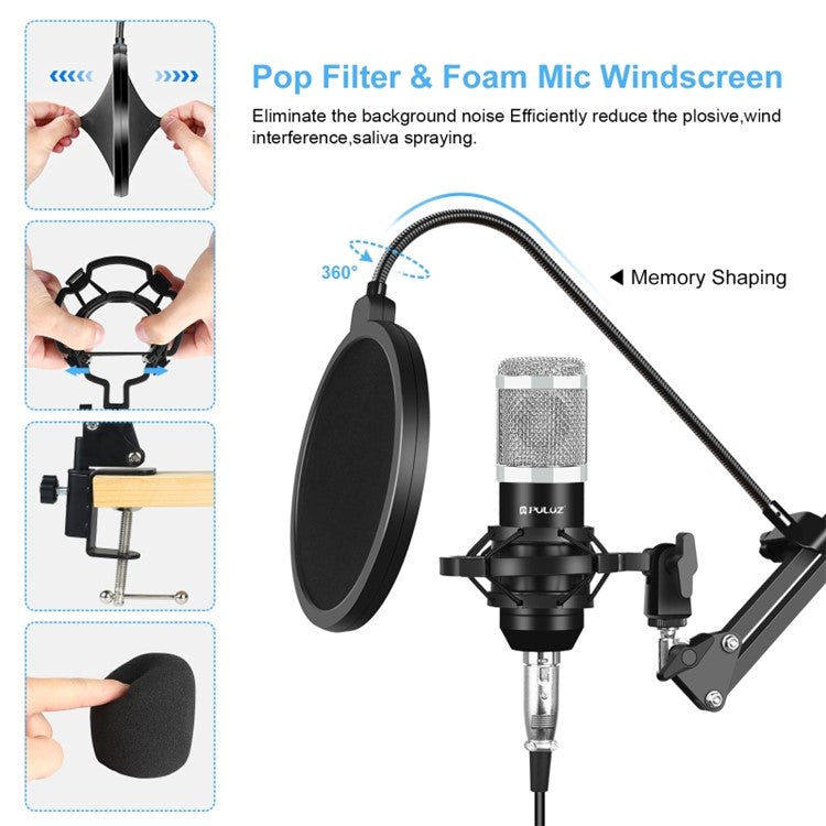 PULUZ Podcast Microphone USB Sound Card Kit Professional Studio Live Sound Mixer with Long Arm for Streaming/Gaming/Recording/Singing/Tiktok/YouTube/PC/Computer - Silver