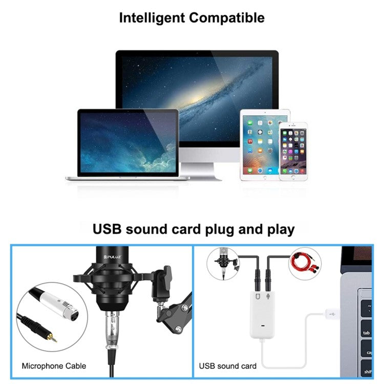 PULUZ Podcast Microphone USB Sound Card Kit Professional Studio Live Sound Mixer with Long Arm for Streaming/Gaming/Recording/Singing/Tiktok/YouTube/PC/Computer - Silver