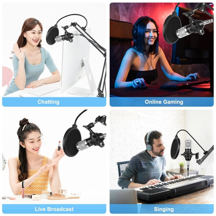 PULUZ Podcast Microphone USB Sound Card Kit Professional Studio Live Sound Mixer with Long Arm for Streaming/Gaming/Recording/Singing/Tiktok/YouTube/PC/Computer - Silver