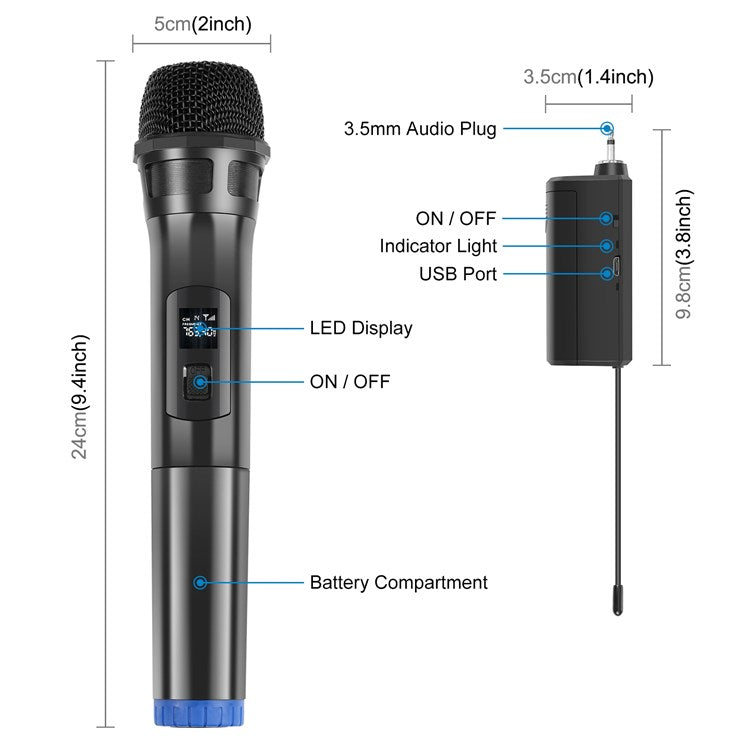 PULUZ PU628B UHF Wireless Dynamic Microphone with LED Display Battery Powered Mic - Black