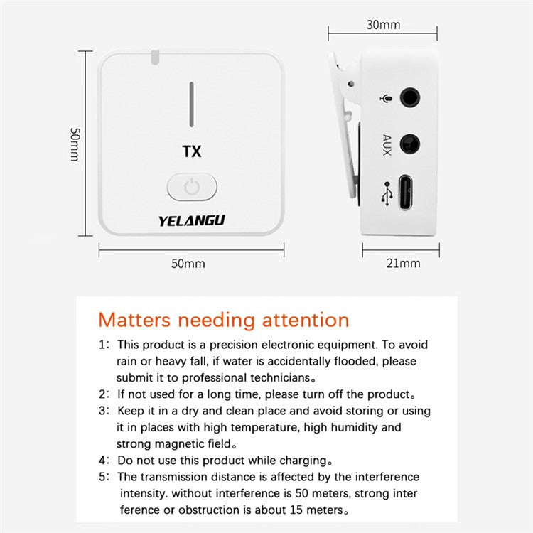 YELANGU MX5 Wireless Lavalier Microphone Set Transmitter + Receiver Portable 2.4G Mic with Clip - White