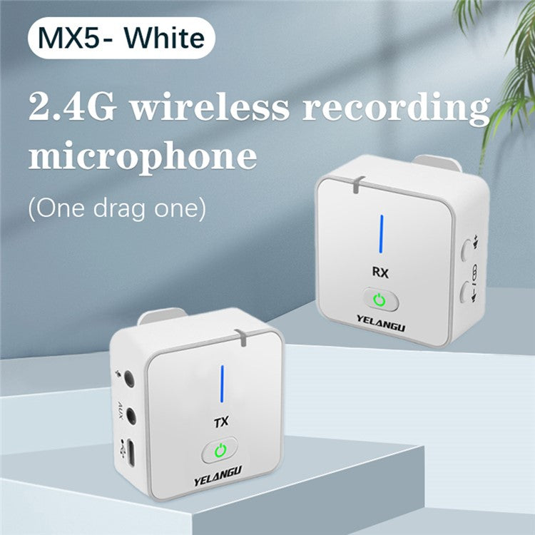 YELANGU MX5 Portable 2.4G Microphone Set 2 Transmitter + Receiver Wireless Lavalier Mic with Clip - White