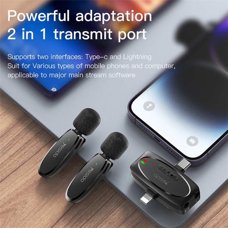 YESIDO KR15 Low Latency Wireless Lavalier Microphone iP / Type-C / 3.5mm Receiver + 2 Transmitter Mic Set