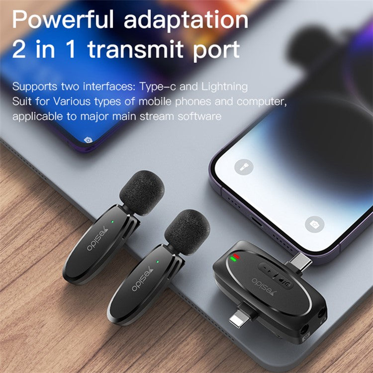 YESIDO KR12 For iPhone 8-Pin iPad Wireless Lavalier Microphone Mini Recording Mic (1 Transmitter + 1 Receiver)