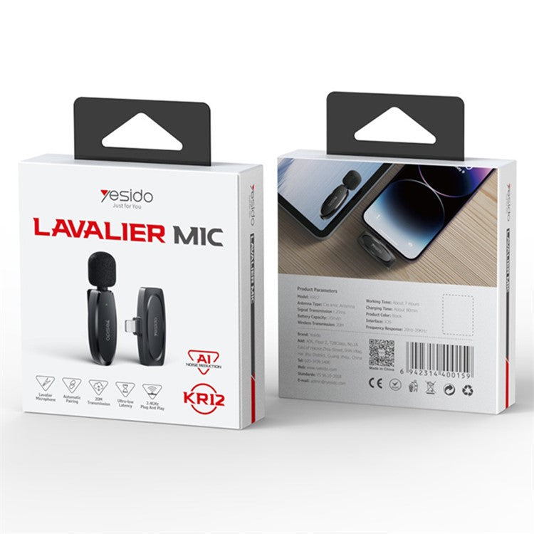 YESIDO KR12 For iPhone 8-Pin iPad Wireless Lavalier Microphone Mini Recording Mic (1 Transmitter + 1 Receiver)