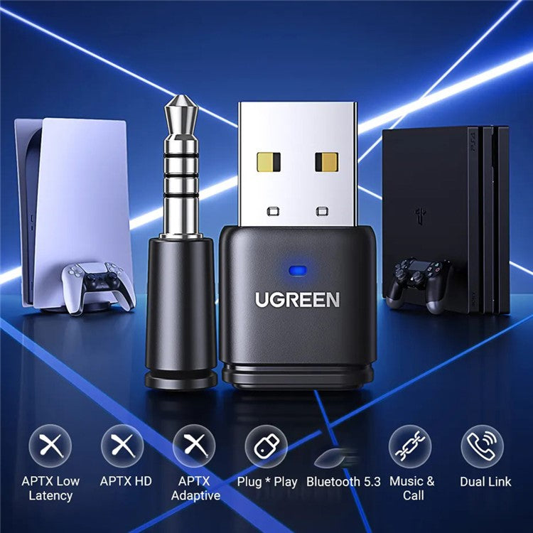 UGREEN 15765 USB Bluetooth 5.3 Adapter Aptx HD Audio Transmitter with 3.5mm Microphone