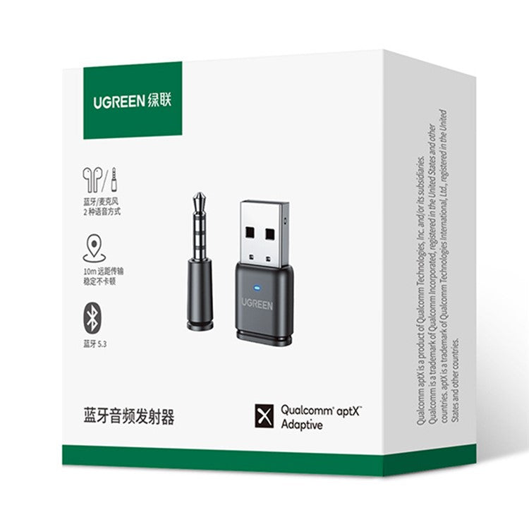 UGREEN 15765 USB Bluetooth 5.3 Adapter Aptx HD Audio Transmitter with 3.5mm Microphone