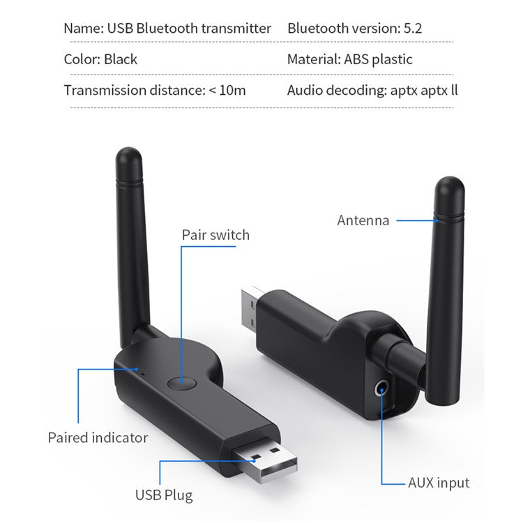 TX19 Bluetooth 5.2 Audio Transmitter USB Adapter with External Antenna for PC TV CD Player