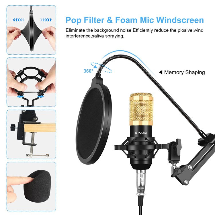 PULUZ PU612B Professional Studio Condenser Microphone USB Sound Card Set with Folding Arm Stand/Shock Mount for Live Streaming Recording Songs