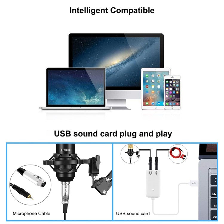 PULUZ PU612B Professional Studio Condenser Microphone USB Sound Card Set with Folding Arm Stand/Shock Mount for Live Streaming Recording Songs