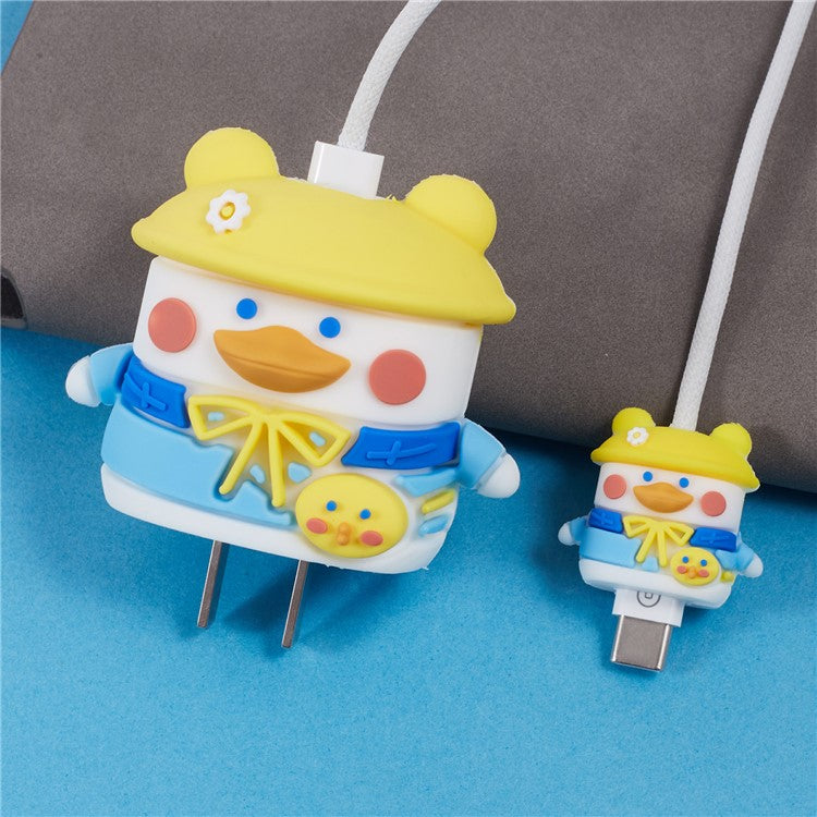 1 Set Cartoon Hat Duck Protective Case Silicone Adapter Charger Cable Protector Cover for iPhone 18W  /  20W Charger - Yellow