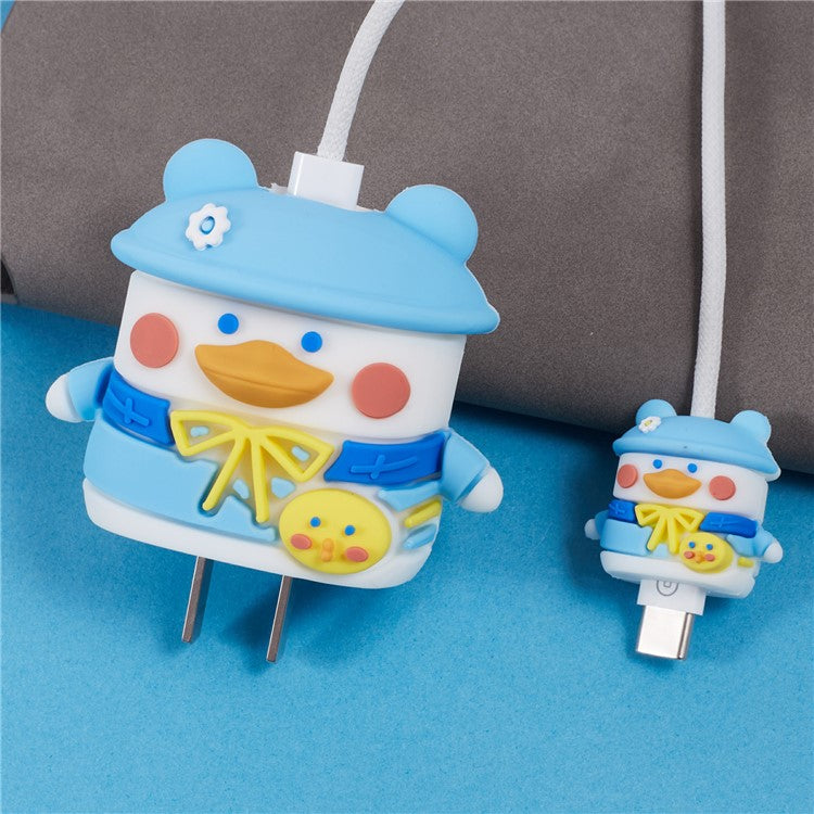 1 Set Cartoon Hat Duck Protective Case Silicone Adapter Charger Cable Protector Cover for iPhone 18W  /  20W Charger - Blue