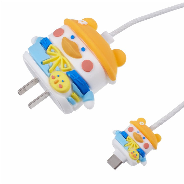 1 Set Cartoon Hat Duck Protective Case Silicone Adapter Charger Cable Protector Cover for iPhone 18W  /  20W Charger - Orange