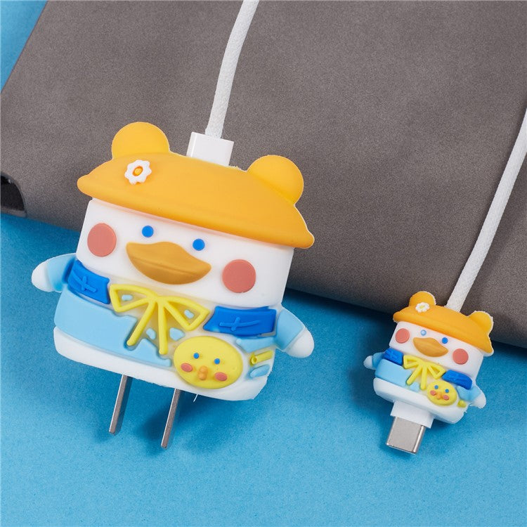 1 Set Cartoon Hat Duck Protective Case Silicone Adapter Charger Cable Protector Cover for iPhone 18W  /  20W Charger - Orange