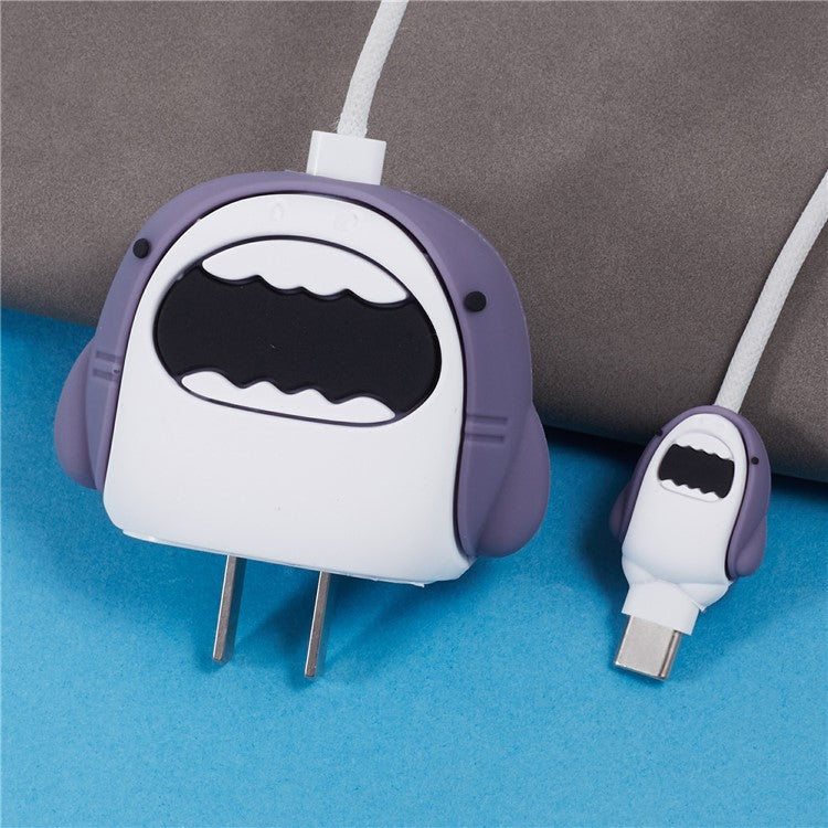 2Pcs / Set Cartoon Shark Protective Sleeve for Apple iPhone 18 / 20W Charger Cover + Data Cable Saver Silicone Case - Grey