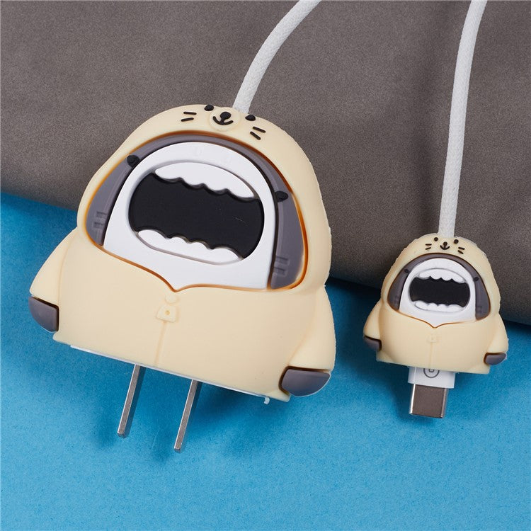 2Pcs / Set Cartoon Shark Protective Sleeve for Apple iPhone 18 / 20W Charger Cover + Data Cable Saver Silicone Case - Beige