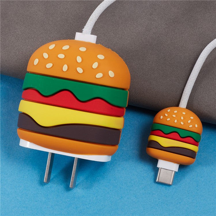 2Pcs / Set Hamburger Protective Sleeve for Apple iPhone 18 / 20W Charger Cover + Data Cable Saver Silicone Case