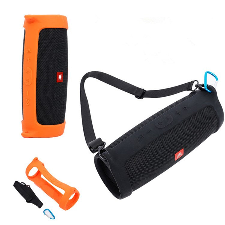 For JBL Charge 4 Bluetooth Speaker Silicone Carrying Case Protective Cover with Shoulder Strap and Carabiner - Orange