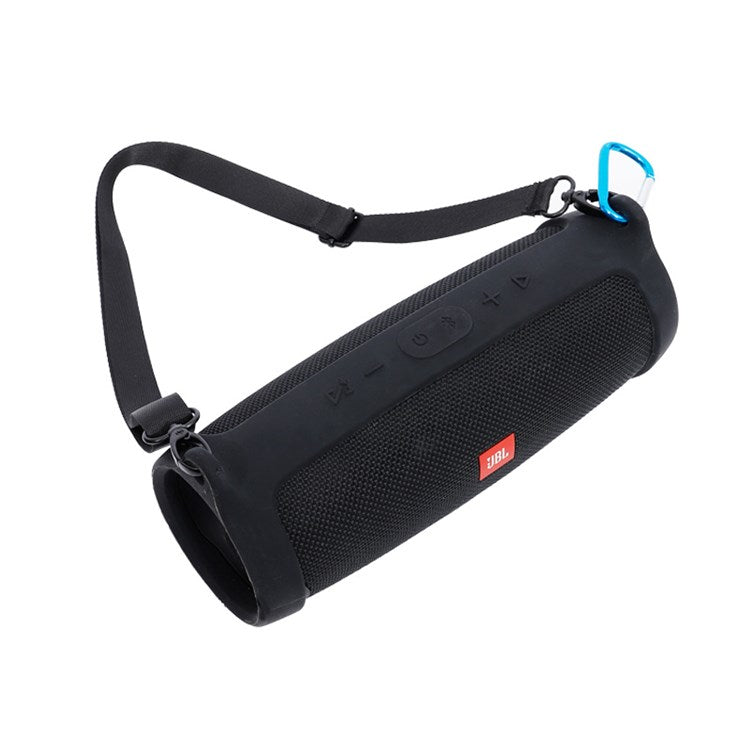 For JBL Charge 4 Bluetooth Speaker Silicone Carrying Case Protective Cover with Shoulder Strap and Carabiner - Black